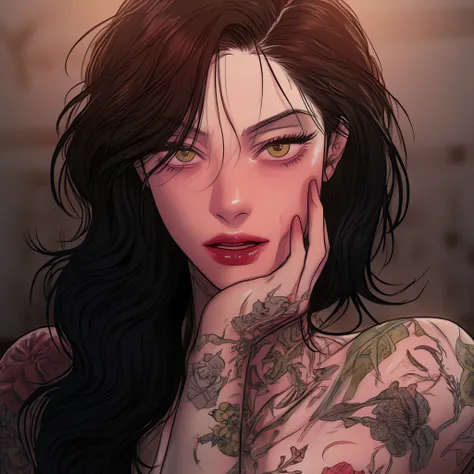 1 woman, mature female, sharp looks, eyelashes, long wavy black hair, glossy lips, green eyes,from the neck down she is completely covered in tattoos,