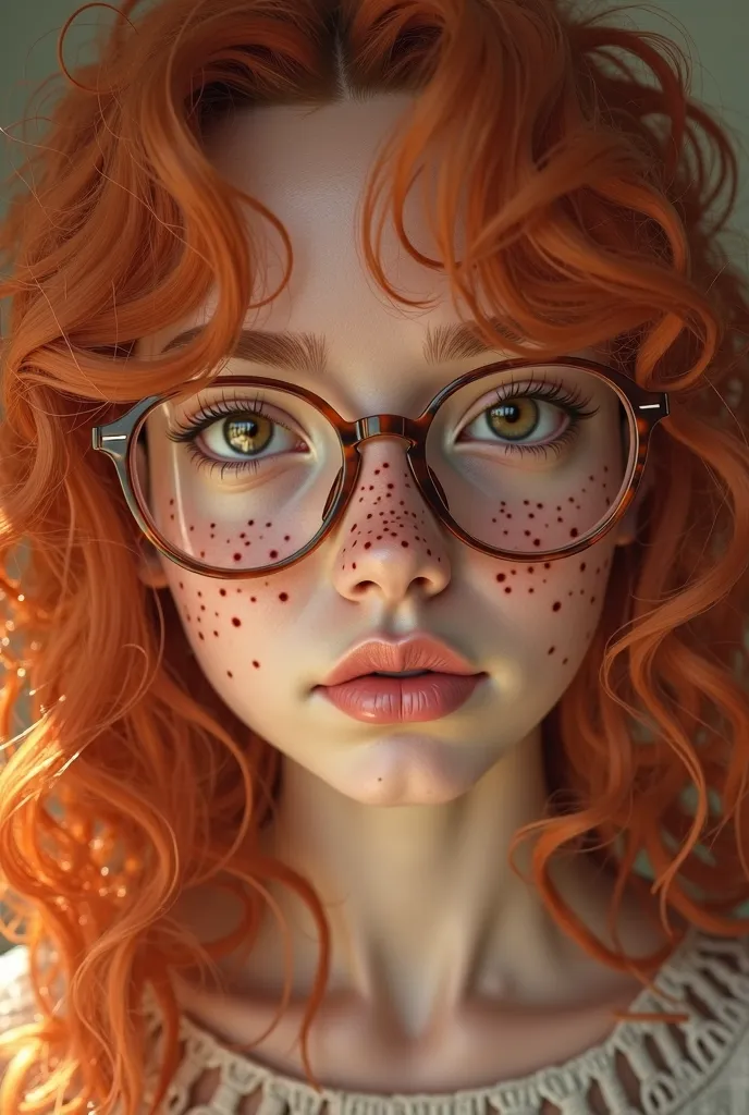 Red-haired girl wavy hair, Freckled and with glasses, But anime or 3D style