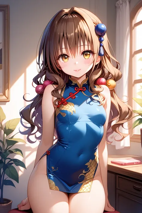 detailed, solo, illustration, {yuuki mikan}, to love-ru darkness, yellow eyes, brown hair, medium hair, wavy hair,  loli, (hair beads, hair ornament,) , masterpiece, best quality, intricate, blush, light smile, {black china dress, Open chest, micro dress, ...