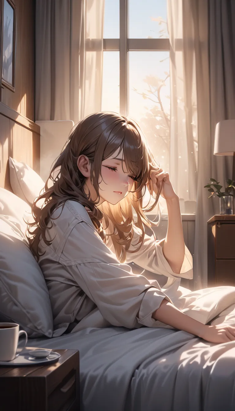 A beautiful Japanese office lady with tousled, silky hair, sitting up in bed with a sleepy expression. She rubs her eyes gently, still half-asleep, as soft morning light filters through the curtains. Wearing an oversized button-up shirt slightly slipping o...