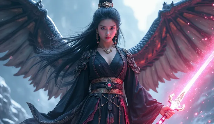 Woman, most beautiful, Sweet, elegant ,full body ,large breasts, young, black hair, Demon slayer pose, holding a black and gold glowing katana great sword, wearing women's earrings, (((1 girl)))，imperial shadow, magician，（perfect facial features：1.4），（Blac...