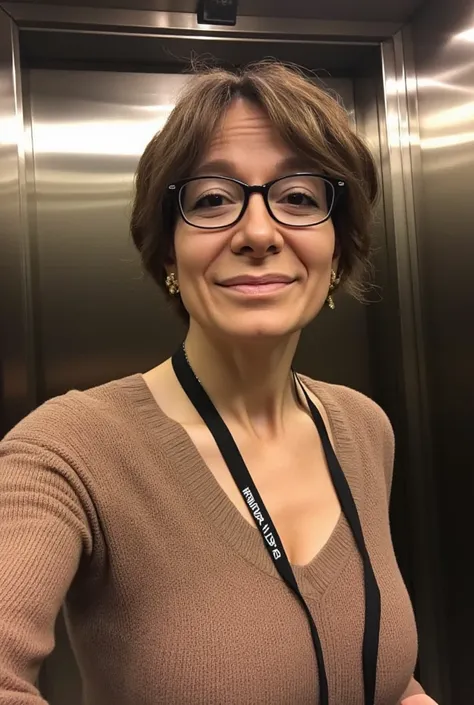 (woman 60 years old with glasses) short dark wavy brown hair, black glasses, wrinkles tits, natural pose, smile, big bimbo lips, (frontal shot), in a elevator, cleavage , thight body. glasse, natural pose, smile, big bimbo lips, photo taken from a distance...