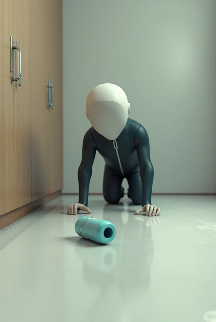 A Faceless human trying to find a water bottle on a floor by crawling to find