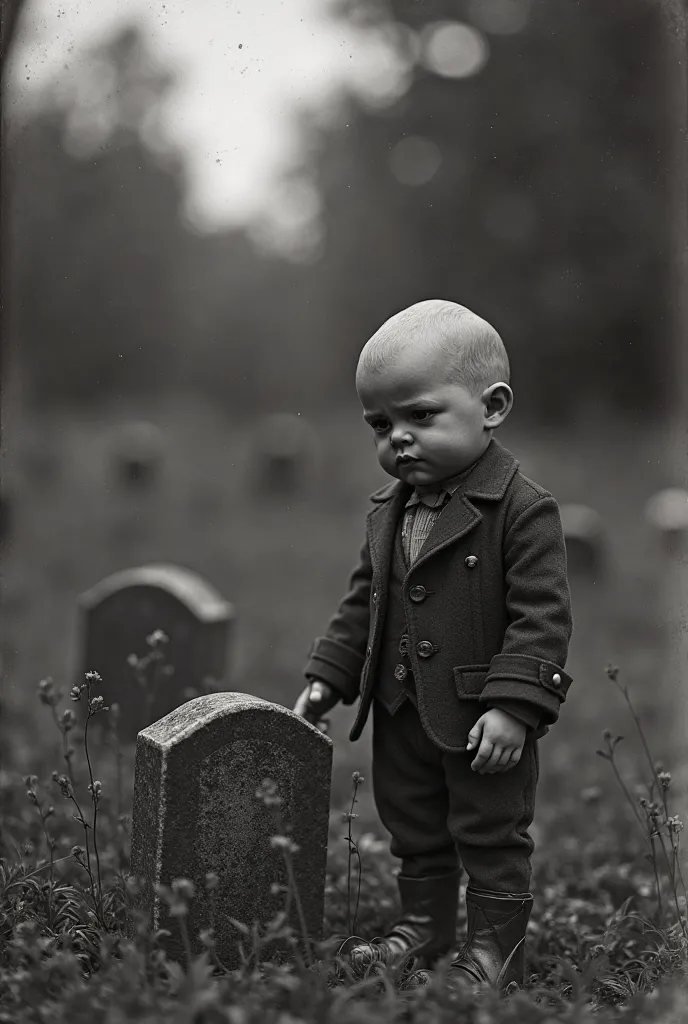 1. United States, Rhode Island, 1900. 2. Cemetery, 1900. 3. A small male dwarf doll standing next to a grave, looking sad, with other period details, 1900. 4. Summer, midnight, 1900. 5. Like an abstract painting, in black and white, with all period details...