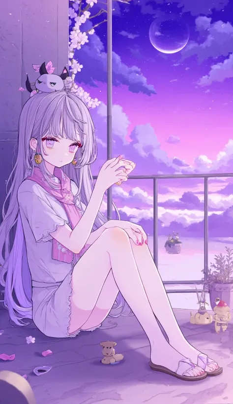 a portrait of a beautiful and slim anime girl with long grey mixed with purple hair, there is a small and grey and cute crerature on her head, it has no legs or hands with its big white eyes and black pupils. She wears white t-shirt with white slippers and...