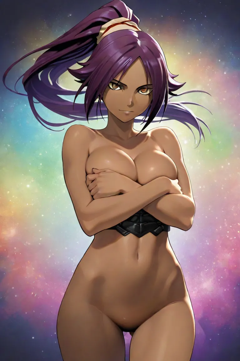 1 female, Yoruichi Shihouin, dark skin, long dark purple hair, ponytail, ((detailed eyes: 1.2)), nude, naked, fully naked, sexy, sensual, underbust, masterpiece, top quality, best quality, official art, beautiful and aesthetic: 1.2), extremely detailed, co...