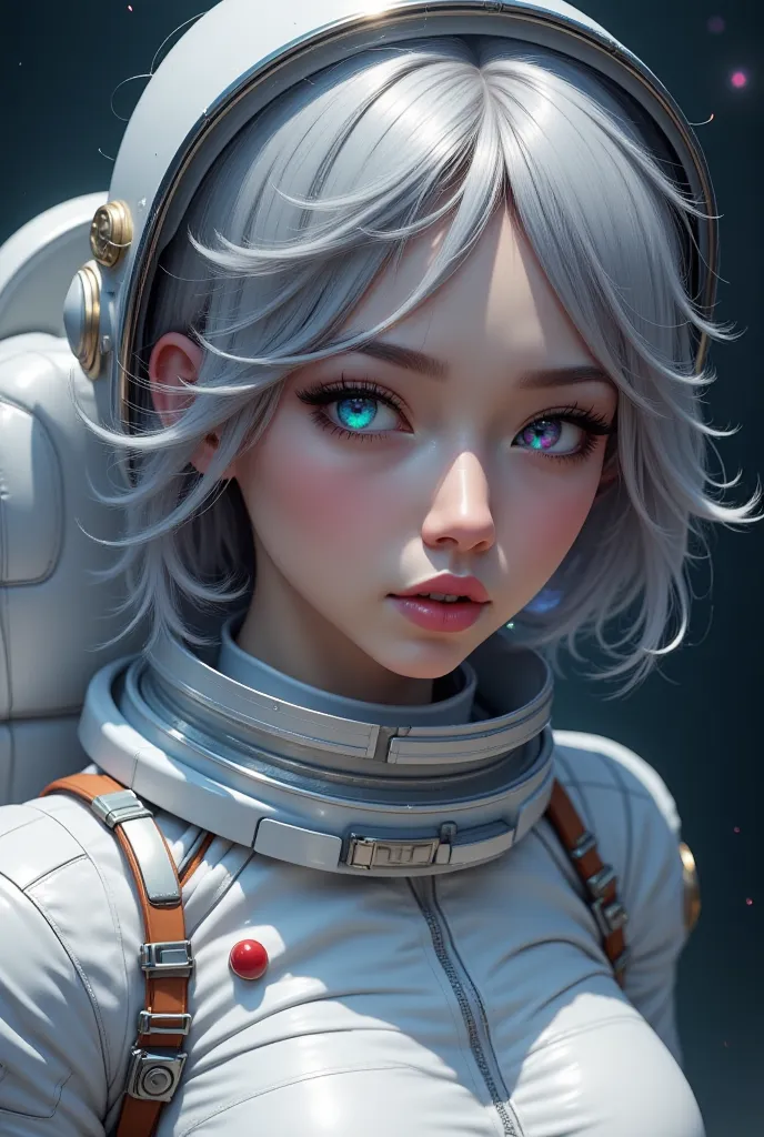 (Close-up of a better masterpiece:1.5)0.9], (Space and astronauts:1.2) (Messy silver hair:1.1) (Heterochromia xanthochromia and blue eyes:1.2) (Space Helmet:1.0) (Colored stars in the eyes:1.0) (A radiant glow:1.1) (thick lips:0.9)