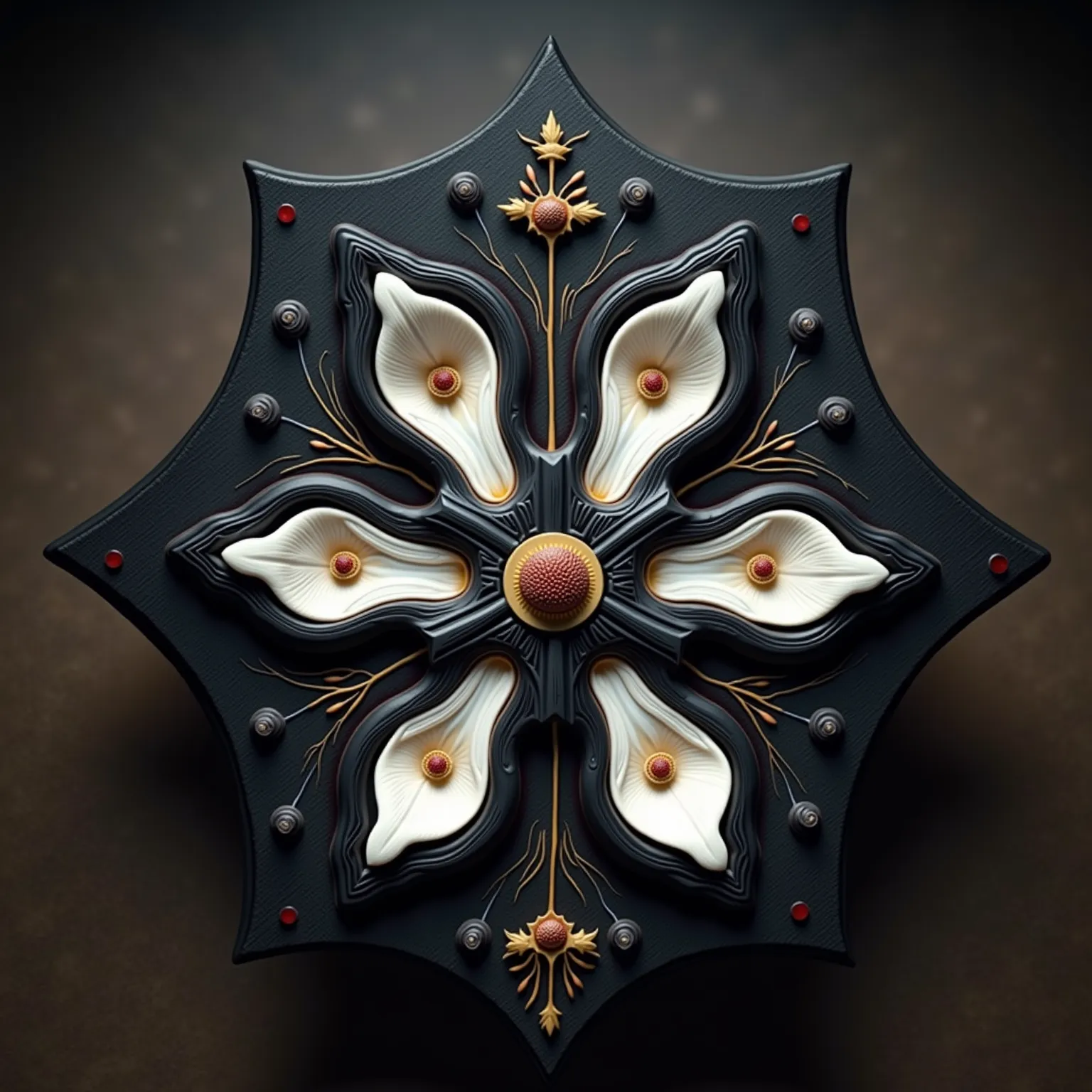 (best quality, masterpiece, 8K, anime, hdr image, ultra detailed, beautiful image, perfect without errors), seven string lyre made by ebony wood with White small flower has a star-like shape with six petals stamens are visible, and small reddish-brown dots...