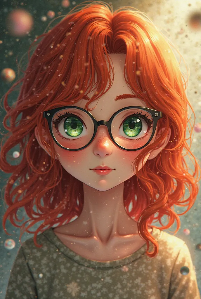 red-haired girl, freckled, wavy hair, with glasses, Jujutsu Kaisen anime style or guiblin studio