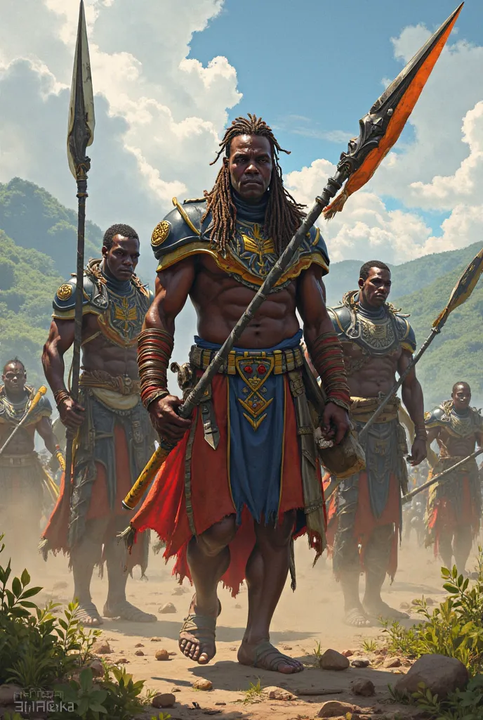 basing on ancient rwandan culture design images of combat or war customs with tech on to them and characters holding futurstic spears and shields
