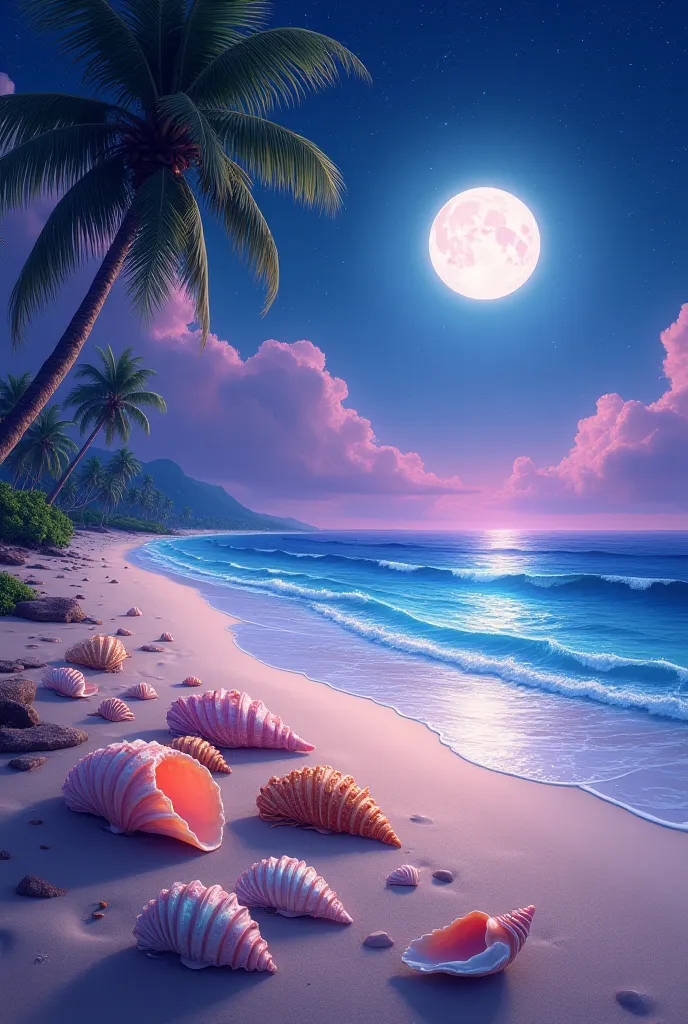 Draw a large illustration of the sea, moonlight at night, sandy beach, palm trees, beautiful sea shells, realistic pictures, purple sky waves