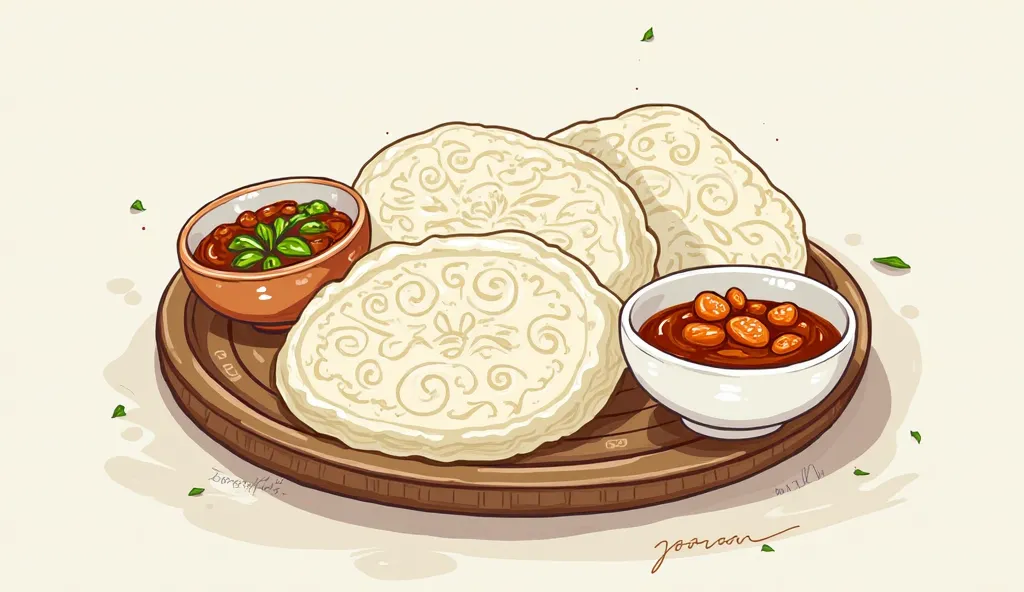 Schematic plate showing a white appam with stew curry Kerala breakfast the photo should be in illustration