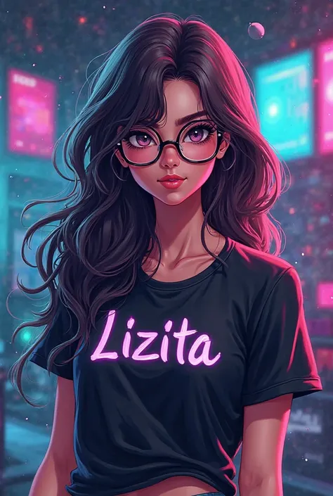 create the logo of an animated gamer girl, long hair, glasses and with a black shirt that says Lizita