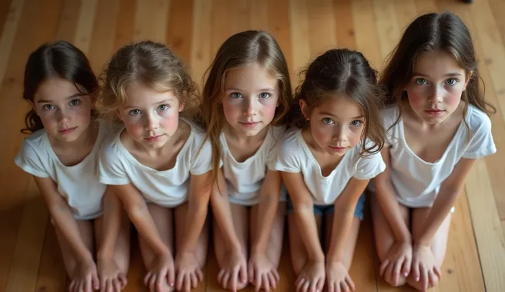 5 people, stand on the wooden floor on all fours, on the knees, very young girls, Loose hair,  different hair colors , beautiful cute faces , freckles, innocent faces, wearing short tight shorts, you can see the buttocks from under the shorts, white transp...