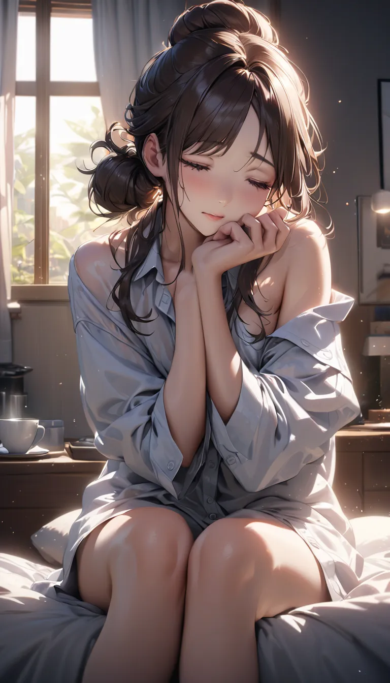 A beautiful Japanese office worker with silky hair tied up in a bun is seen behind the curtains opening with a sleepy expression on her face. She gently rubs her eyes, still half-asleep, as the soft morning light shines through the cracks in the curtains. ...