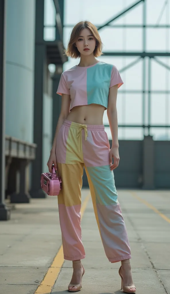 highest quality,masterpiece,High Resolution,8k,1 woman, front view,((full body shot 1.3)),standing,staring at the camera,golden ratio, perfect anatomy, (Ultra short hair), narrow waist, (tiny breasts), slender,(wearing cropped pastel colors t-shirt),thick ...