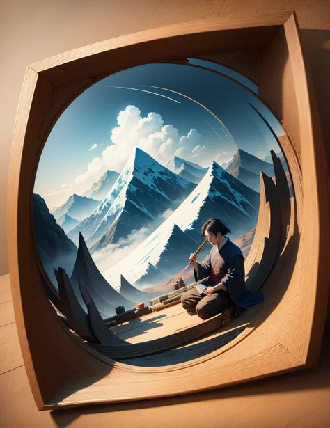 Ancient Chinese scholar holding bamboo scroll wearing modern round-frame glasses, surrounded by dynamic ink painting mountains and floating calligraphy strokes, traditional indigo (#2e317c) and vermilion (#9d2933) color scheme, neo-Chinese style, cinematic...