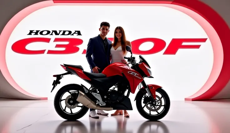 Honda CB 300F logo pic with couple Stand with bike and Unleashing cover in red and the bike name is write on the back wall in big letters beautiful showroom real look image White colour bike USA 2026