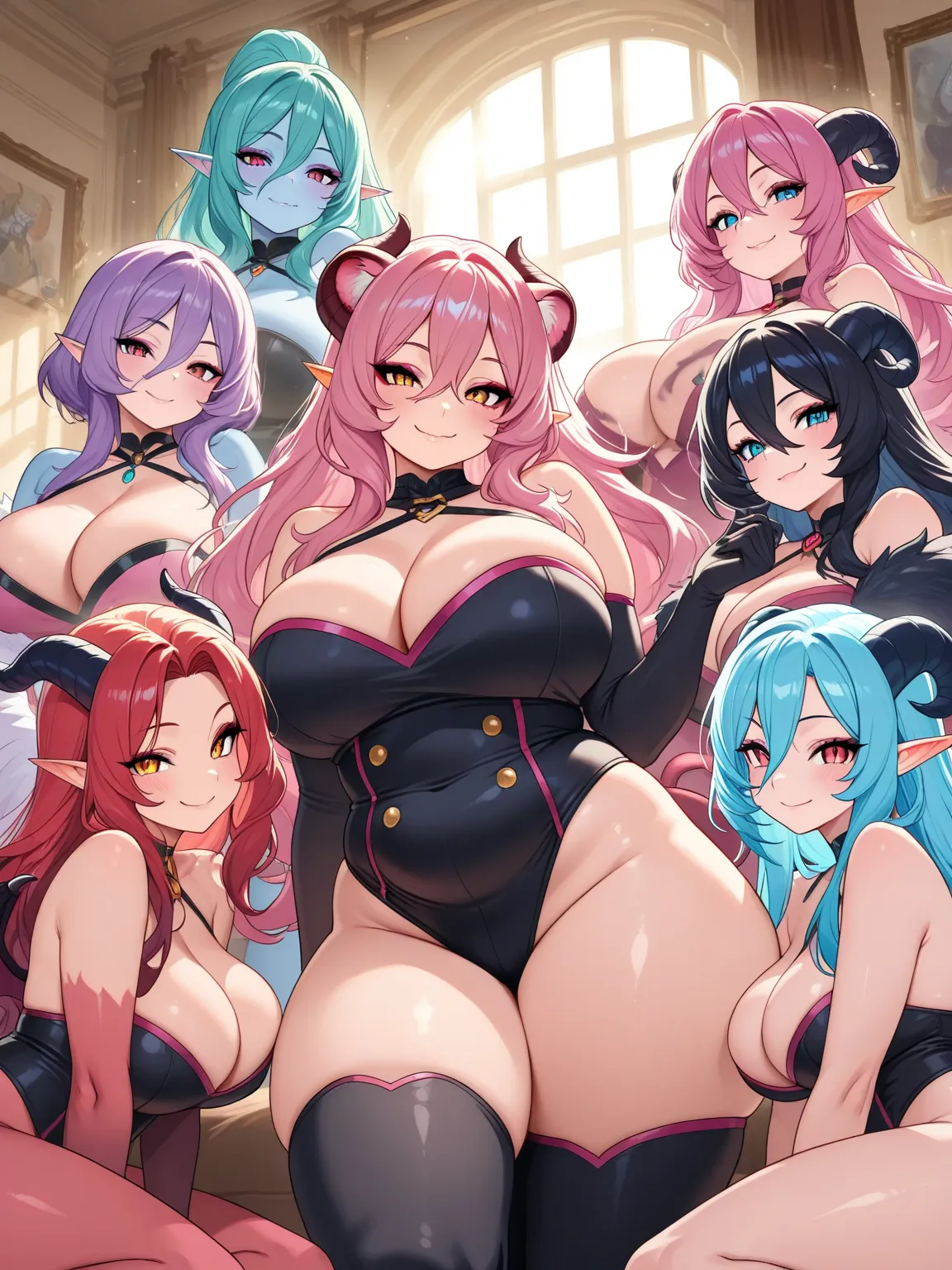 Masterpiece, Best Quality, Very detailed, group of Monster girls, 5girls, Monster Girls, different hairstyles, plus sized, chubby beauties, different hair colors, Sunlight, posing together, Buxom、Women's Fashion、bbw、huge-breasted, in a Living-Room, thick, ...