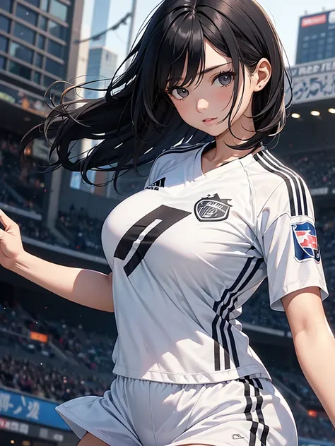 woman、 soccer player 、 Striker ,18 years old、Short black hair、dark eyes、big breasts、 uniforms are all white lace material、