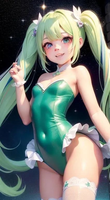  super idol 　a beauty girl　  Charming Smile  　 sky green hair 　Length Hair　 twin tails　   bright pink, white, green, And a sparkling yellow leotard 　 in front　 different dimensional and mysterious　  fantasy　  constellation　  a moon  　 crystal sparkle 　Auro...