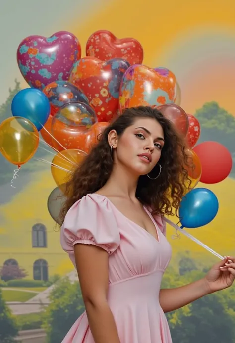 a woman with balloons in her hands, wearing a pink dress, in a scenic outdoor landscape with floating balloons, professional digital art, 8K, high resolution, photorealistic, cinematic lighting, vibrant colors, magical realism, surreal atmosphere