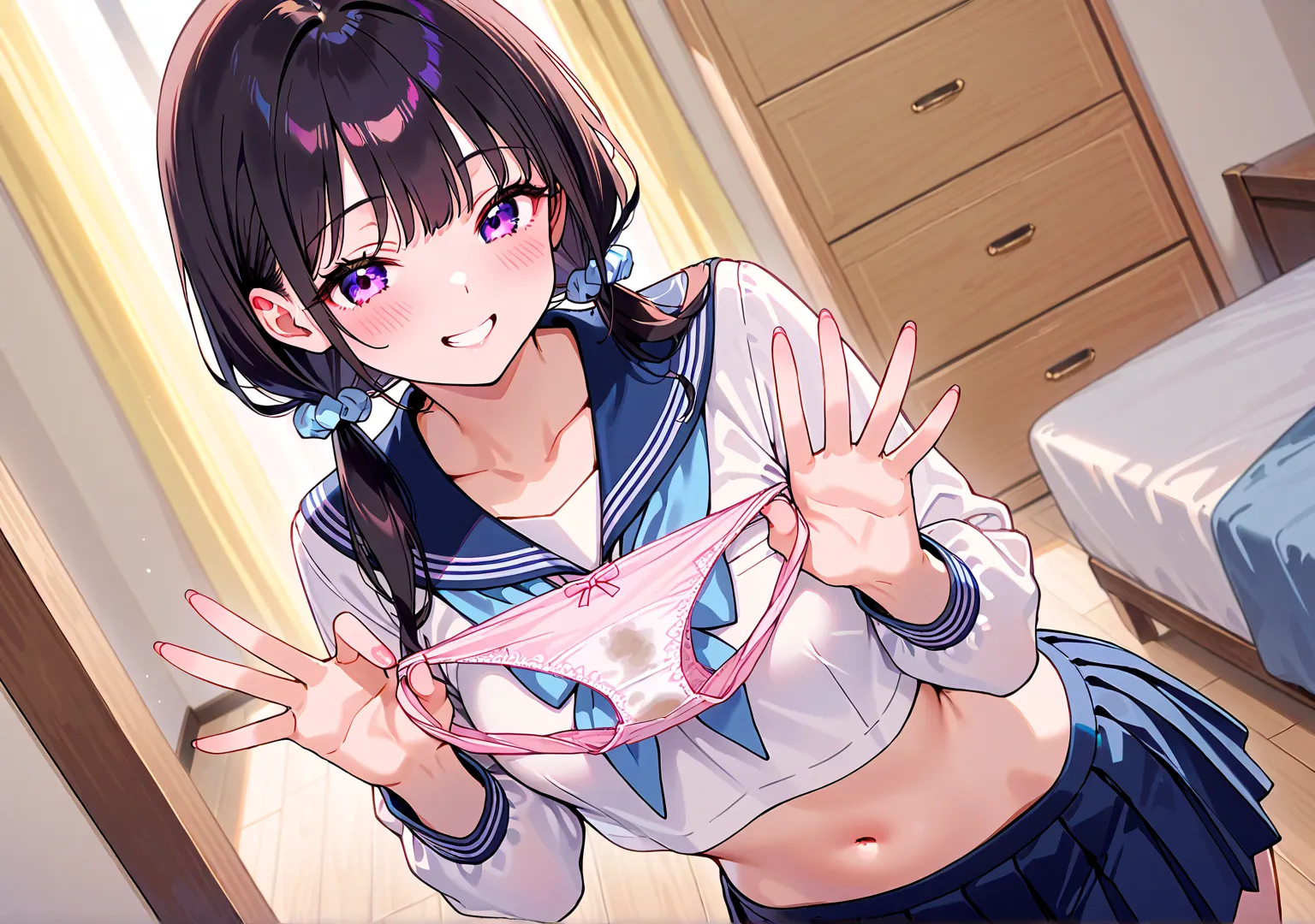 Beautiful Girl、High School Girls、younger sister、 petite body、small breasts、twin tails、Grin、sailor suit、 girly room、chest of drawers、chest of drawersの引き出しが開いている、chest of drawersの中にはランジェリー、panties in hand、holding panties with both hands、steam from panties、ch...