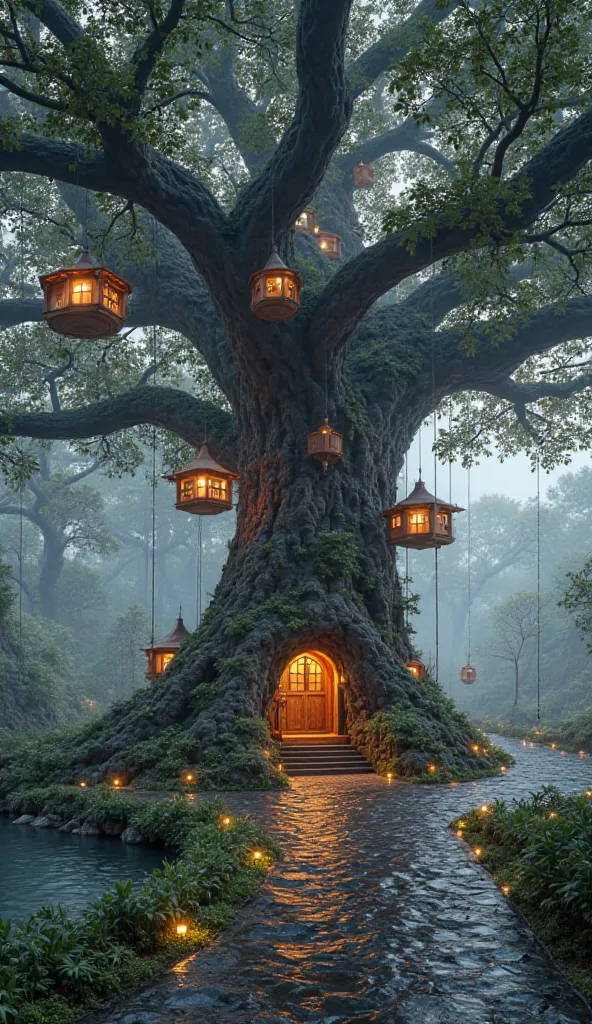 A breathtaking, highly realistic scene featuring a massive ancient tree with numerous beautifully designed hanging rooms instead of bird nests. These rooms are suspended from the branches, illuminated with warm glowing lights, creating a magical ambiance. ...