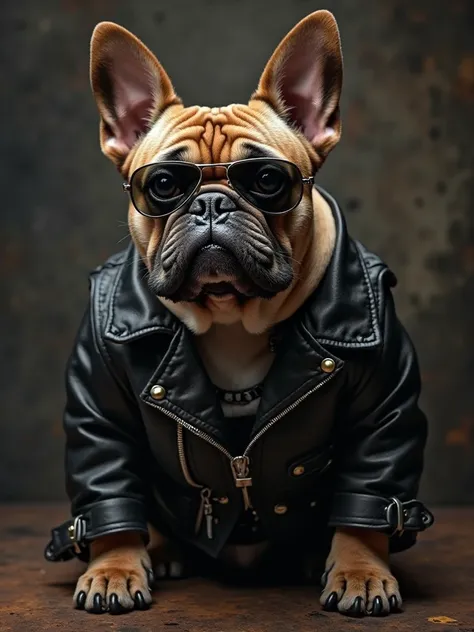 A badass bulldog (or Ragdoll cat) wearing a black leather jacket and aviator sunglasses, retro Harley-Davidson style, vintage 1970s biker aesthetic, dark grunge background, ultra-realistic, rebellious attitude. Centered composition, subject must not extend...