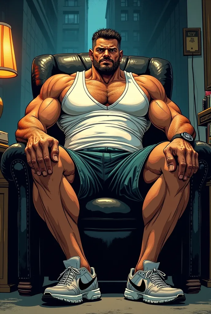 Comic book style digital illustration, HQ, Gangster Muscular man sitting in a chair with his legs crossed on top of his desk, wearing a white tank top with a V-neck, shorts, shorts and sneakers