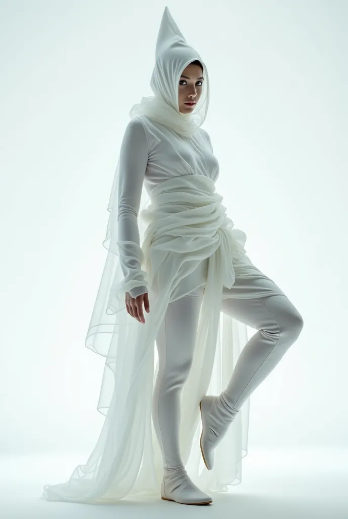 Portrait of an enigmatic figure wrapped in translucent white fabrics, with a minimalist and avant-garde design. The face is completely covered with an ethereal gauze veil, carefully folded to create a sense of mysticism and impersonality.

The garment is c...