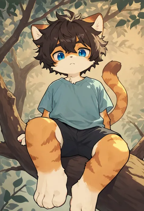 source_ furry， furry male，elementary school students，((boy )),cat boy ,short hair,masterpiece, newest,absurdres, incredibly absurdres,  messy hair，lol, cute anthro, Alone,Fantasy world，hand, perfect hand，boy  sitting on tree branch, Staring at the Audience...