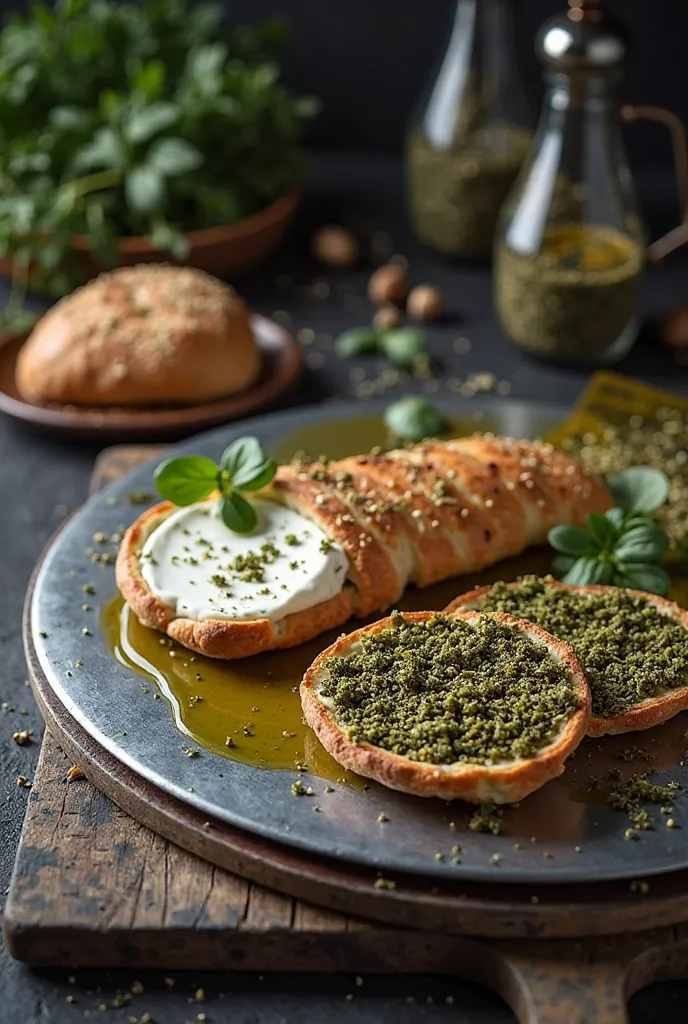 huge iron sheet with zaatar labne and oil with logo feniqia on black