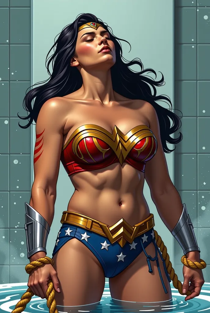 The wonder woman with huge breasts and huge butt in a micro bikini chained and tied with a golden rope that squeezes her body very tightly, especially her breasts, she tries to escape, but she is very weak. Wonder Woman's breasts come out of her costume du...