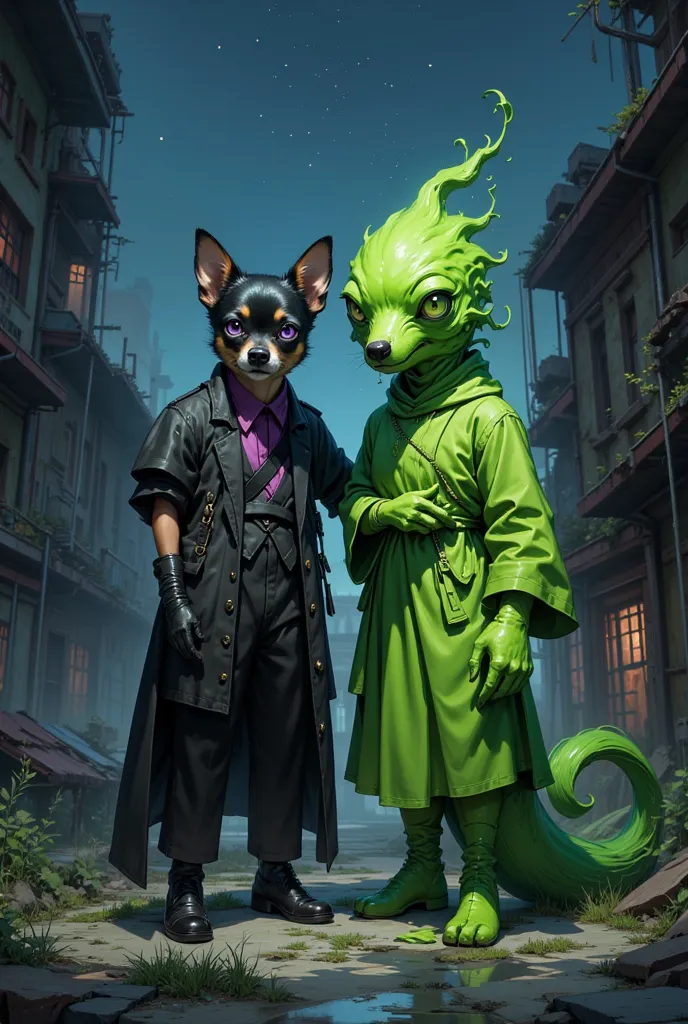 A black chihuahua and a green liquid slime are posing、wearing clothes、Chihuahuas have purple eyes、The background is an abandoned city、Slime has green eyes、stylish、starry sky