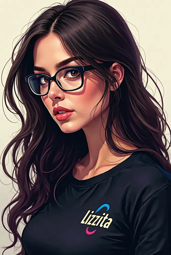 Create the type logo of a woman with long hair, glasses and brown eyes playing video games, wearing a black shirt that says Lizita