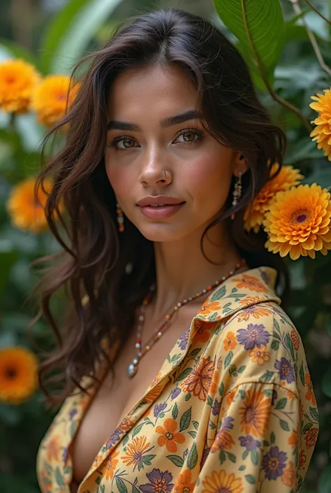 A Brazilian woman in a lush tropical garden,  wearing an open shirt with floral print, with a close up capturing the harmonious beauty between your breasts and the natural flowers, showing her natural charm and outgoing personality.
