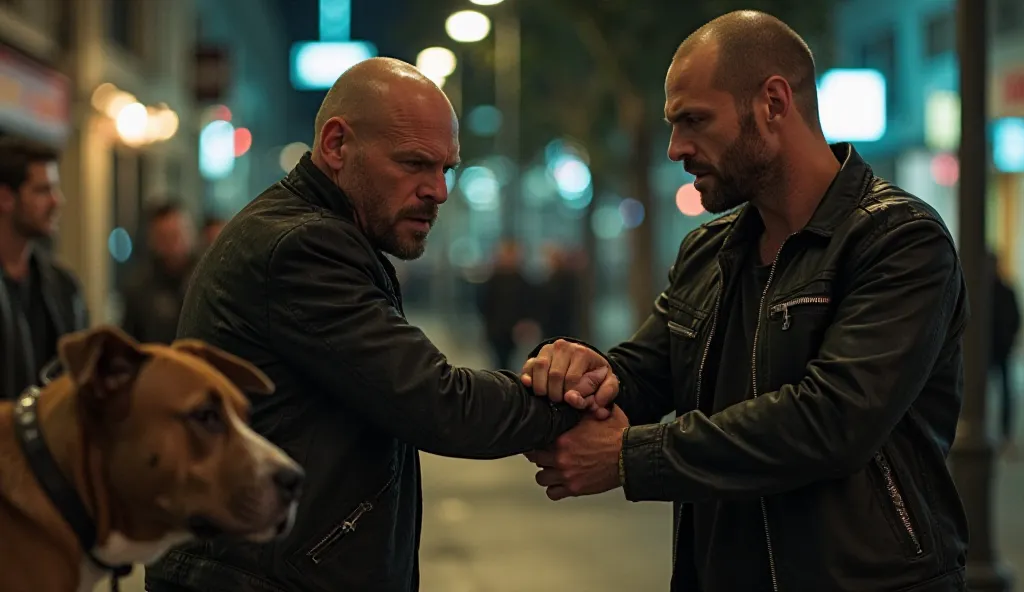 Image Prompt for Section 2:
On the same urban street, the focus shifts to a close confrontation: Jason Statham, with a determined, icy stare, grips the biker’s wrist firmly. The biker’s expression shifts from cocky to shocked and pained as he struggles aga...