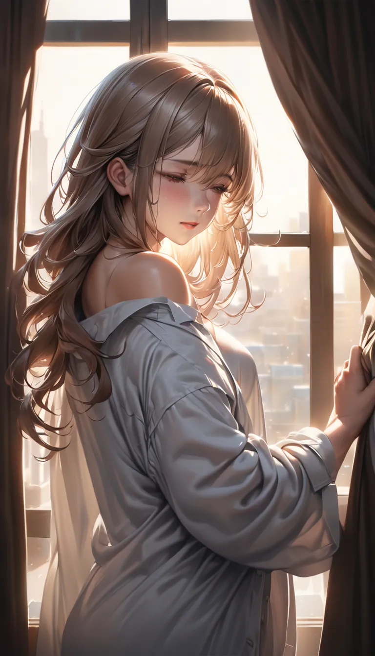 A beautiful Japanese office worker with silky hair is seen behind her opening the curtains. She gently rubs her eyes, still half-asleep, as the soft morning light shines through the cracks in the curtains. She is wearing an oversized button-up shirt that s...