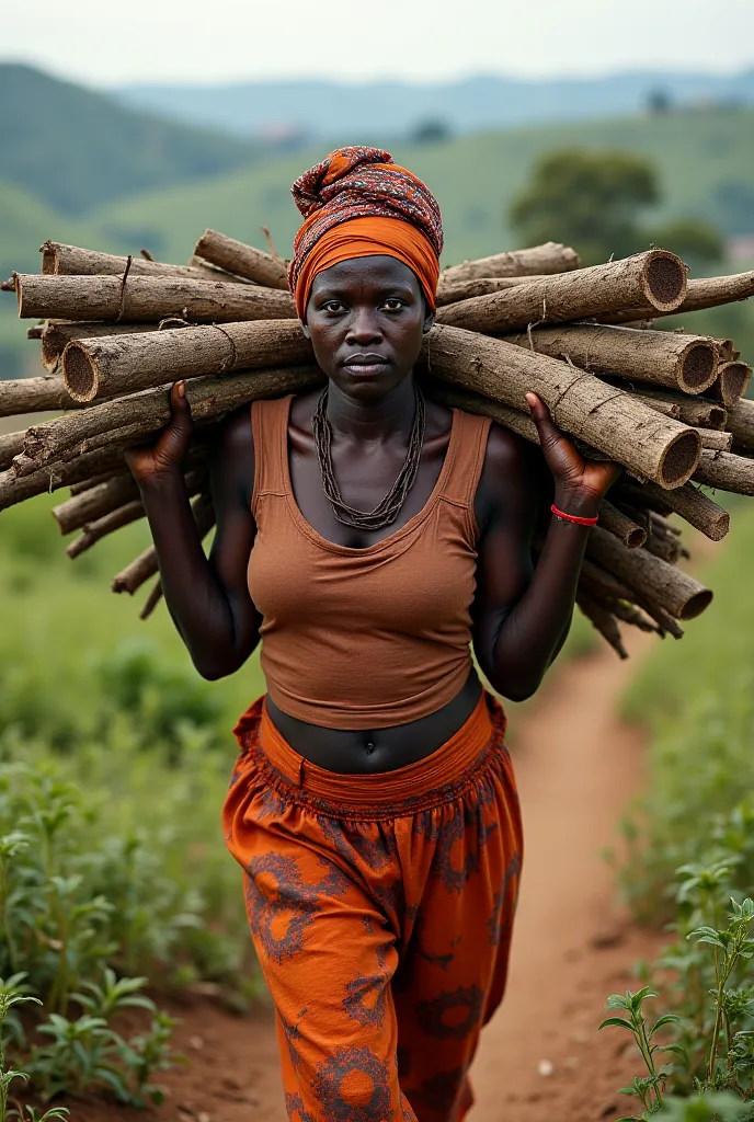 DARK NIGERIA IGBO WOMAN COMING FROM HER FARM BIG FIREWOOD
