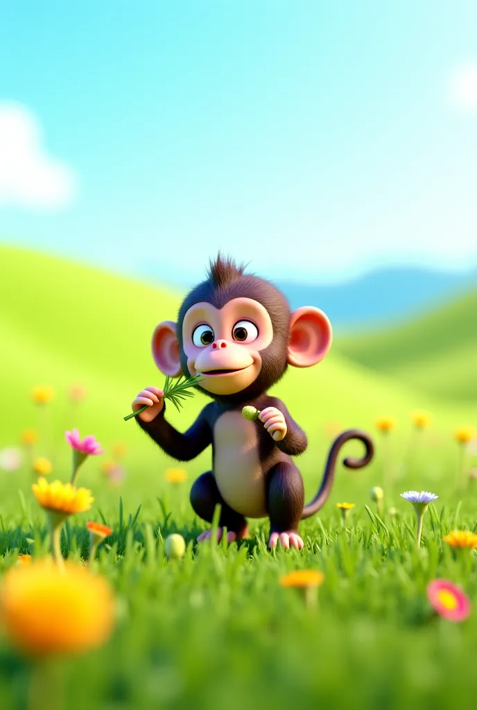 Create 3d picture of a monkey who eating grass