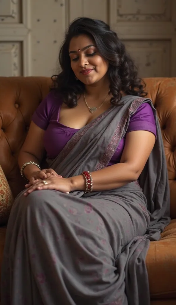 .a hot hindu woman is sitting on a couch. The woman is voluptous and sexy. Big boobs and big ass. She is wearing a violet colour blouse and grey colour saree dress. She is preading her legs away . A hot man is in between the woman's legs. He is covered ins...