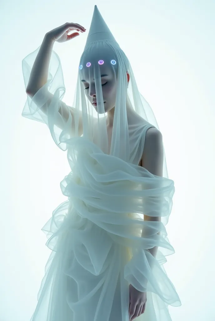 Portrait of an enigmatic figure wrapped in translucent white fabrics, with a minimalist and avant-garde design. The face is completely covered with an ethereal gauze veil, carefully folded to create a sense of mysticism and impersonality.

The outfit is co...