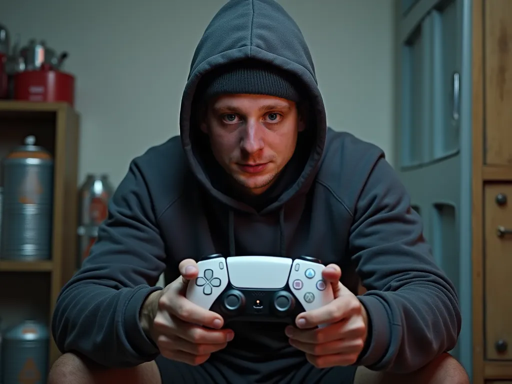 
Make this person with a PlayStation 5 joystick in his hands, and in the background there would be cans of gasoline. so that the face is clearly visible.  briefs and short hair . medium build and wearing a hoodie with a hood and a hat in Kyivstra