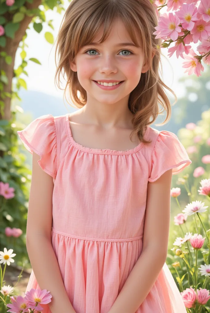 cute girl name mary,  , a cute with soft, straight hair, smile, and a pink  dress