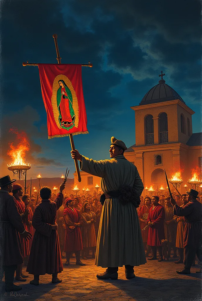 Draw a drawing referring to this 
Title: "The Beginning of Independence"

The drawing shows a night scene in the town of Dolores, Mexico, September 16, 1810. in the center, Miguel Hidalgo, with a determined face and a torch in his hand, raises a banner of ...