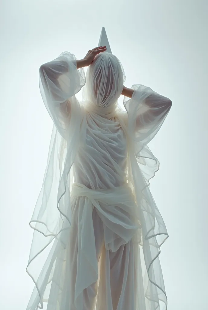 Portrait of an enigmatic figure wrapped in translucent white fabrics, with a minimalist and avant-garde design. The face is completely covered with an ethereal gauze veil, carefully folded to create a sense of mysticism and impersonality.

The outfit is co...