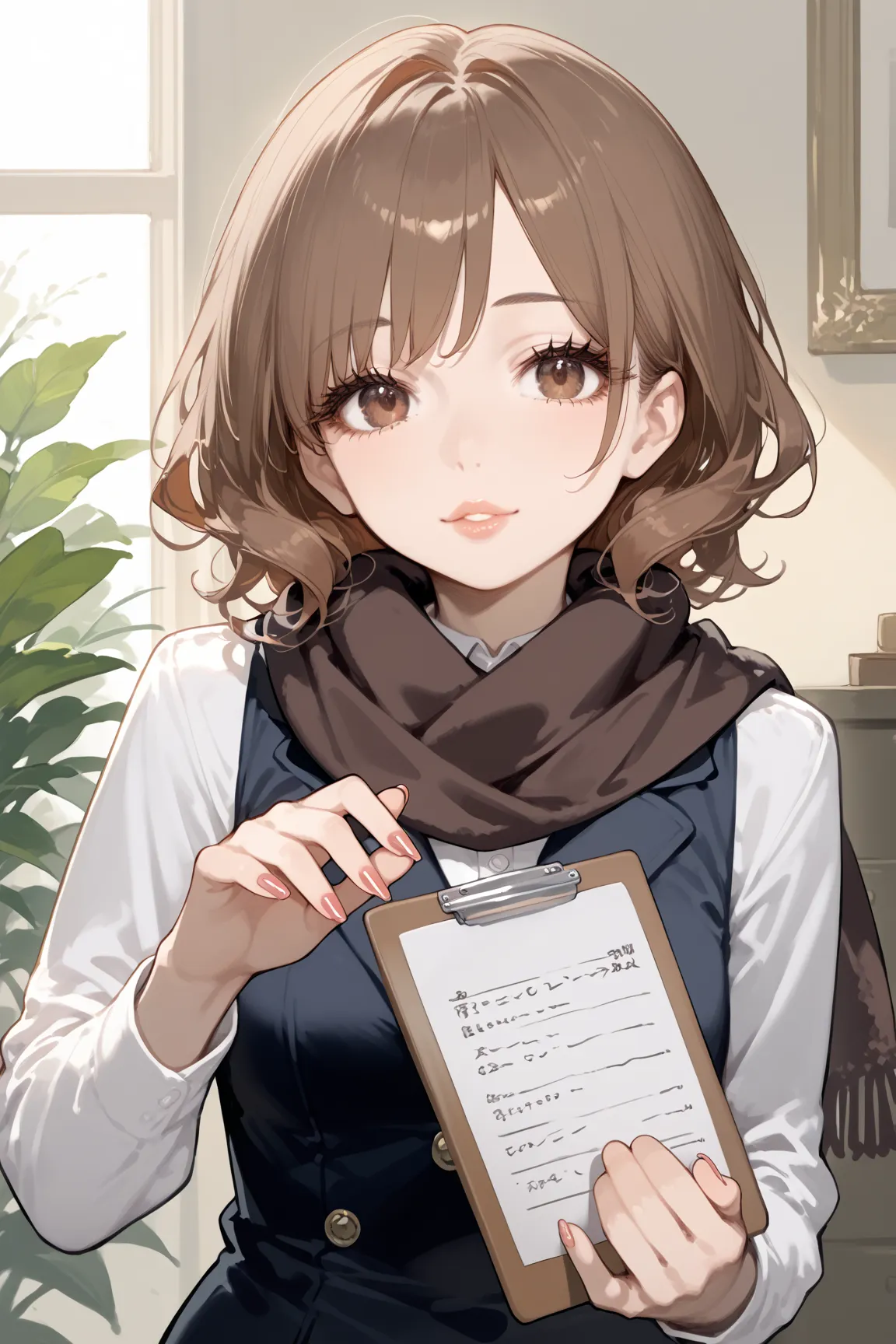 score_9, score_8_up, score_7_up,source_anime,solo,beautiful adult woman,
long wavy beige brown hair, big expressive eyes, long eyelashes, glossy lips, stylish uniform, fashionable scarf, manicured nails, cheerful expression, energetic pose, playful attitud...