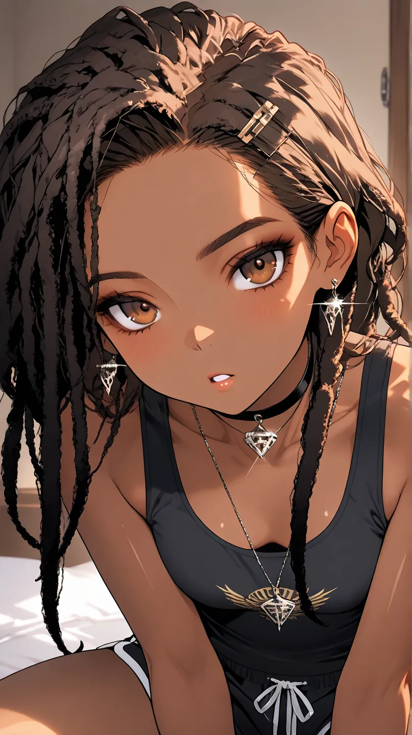 1Girl, Mature, Ebony, African American, Dark Brown Skin, Jet Black Dreadlocks, Shiny Hair, Bright Brown Eyes, Dark Brown Eye Shadow, Medium Chest, Black Tank-Top, Black Dolphin Shorts, Black Choker, Looking At Viewer, Bored, Teeth, Parted Lips, Glint, Sass...