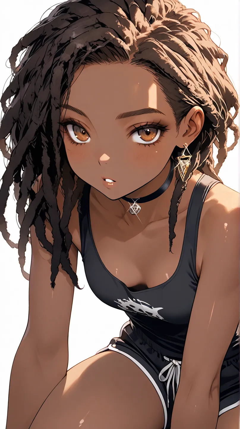 1Girl, Mature, Ebony, African American, Dark Brown Skin, Jet Black Dreadlocks, Shiny Hair, Bright Brown Eyes, Dark Brown Eye Shadow, Medium Chest, Black Tank-Top, Black Dolphin Shorts, Black Choker, Looking At Viewer, Bored, Teeth, Parted Lips, Glint, Sass...